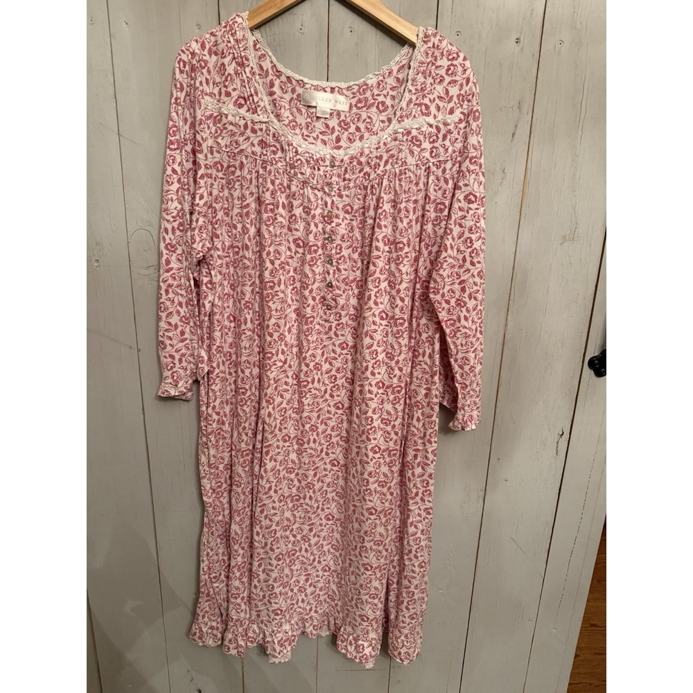 Eileen West Red White Floral Nightgown Lace Trim Button Front Soft Knit Sz XL